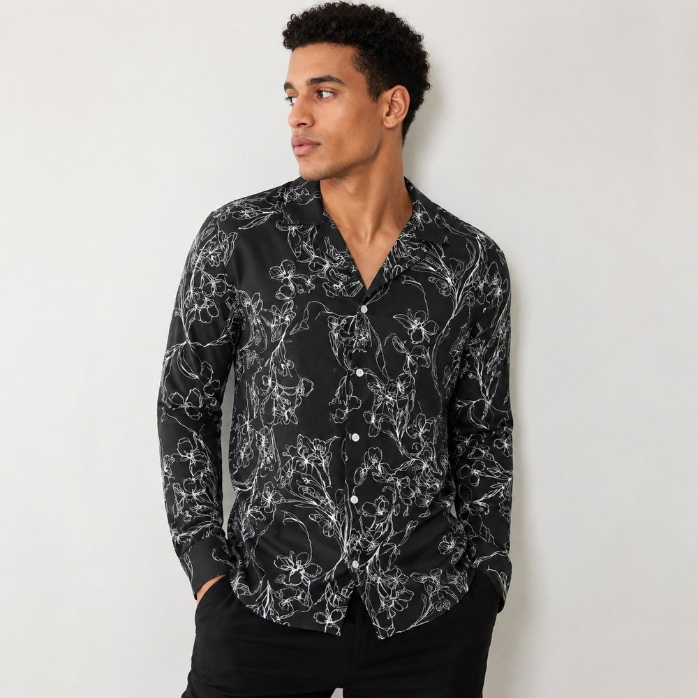 ASOS DESIGN Mens‎ Black White Floral Viscose Button Down Shirt Size M